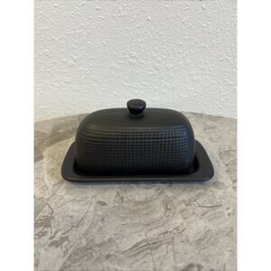 Matte Black Ceramic Butter Dish with Lid and Textured Design